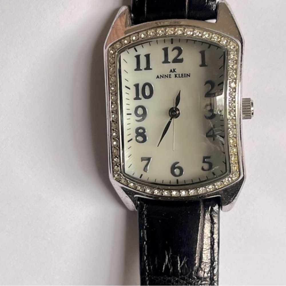 Anne‎ Klein Black leather and Silver-tone Quartz Watch with Stones Women's